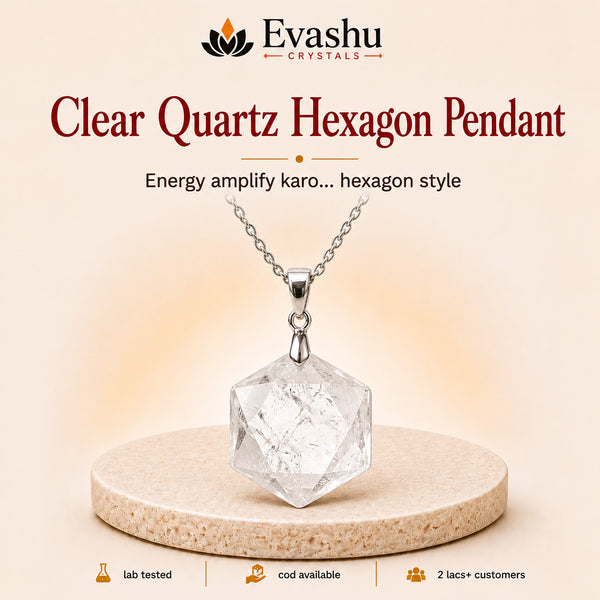 Authentic natural Clear Quartz Hexagon Pendant for Energy Boost and Clear Focus, shown as the main Evashu product view