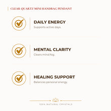Load image into Gallery viewer, Clear Quartz Mini Handbag Pendant benefits for focus and mental clarity, explained in an Evashu natural-crystal guide
