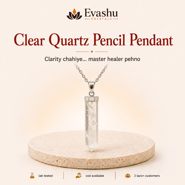 Authentic natural Clear Quartz Pencil Pendant for Mental Clarity and Energy Amplification, shown as the main Evashu product view