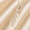 Close-up of authentic natural Clear Quartz and Sphatik showing crystal texture, colour and craftsmanship – clear quartz pencil pendant chain for clarity healing