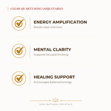 Load image into Gallery viewer, Clear Quartz Adjustable Ring benefits for focus and mental clarity, explained in an Evashu natural-crystal guide

