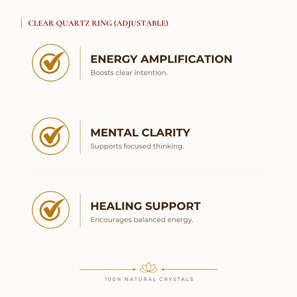 Clear Quartz Adjustable Ring benefits for focus and mental clarity, explained in an Evashu natural-crystal guide