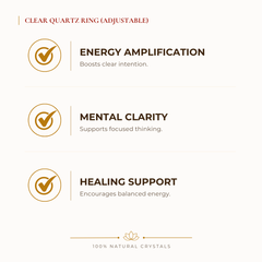 Clear Quartz Adjustable Ring benefits for focus and mental clarity, explained in an Evashu natural-crystal guide