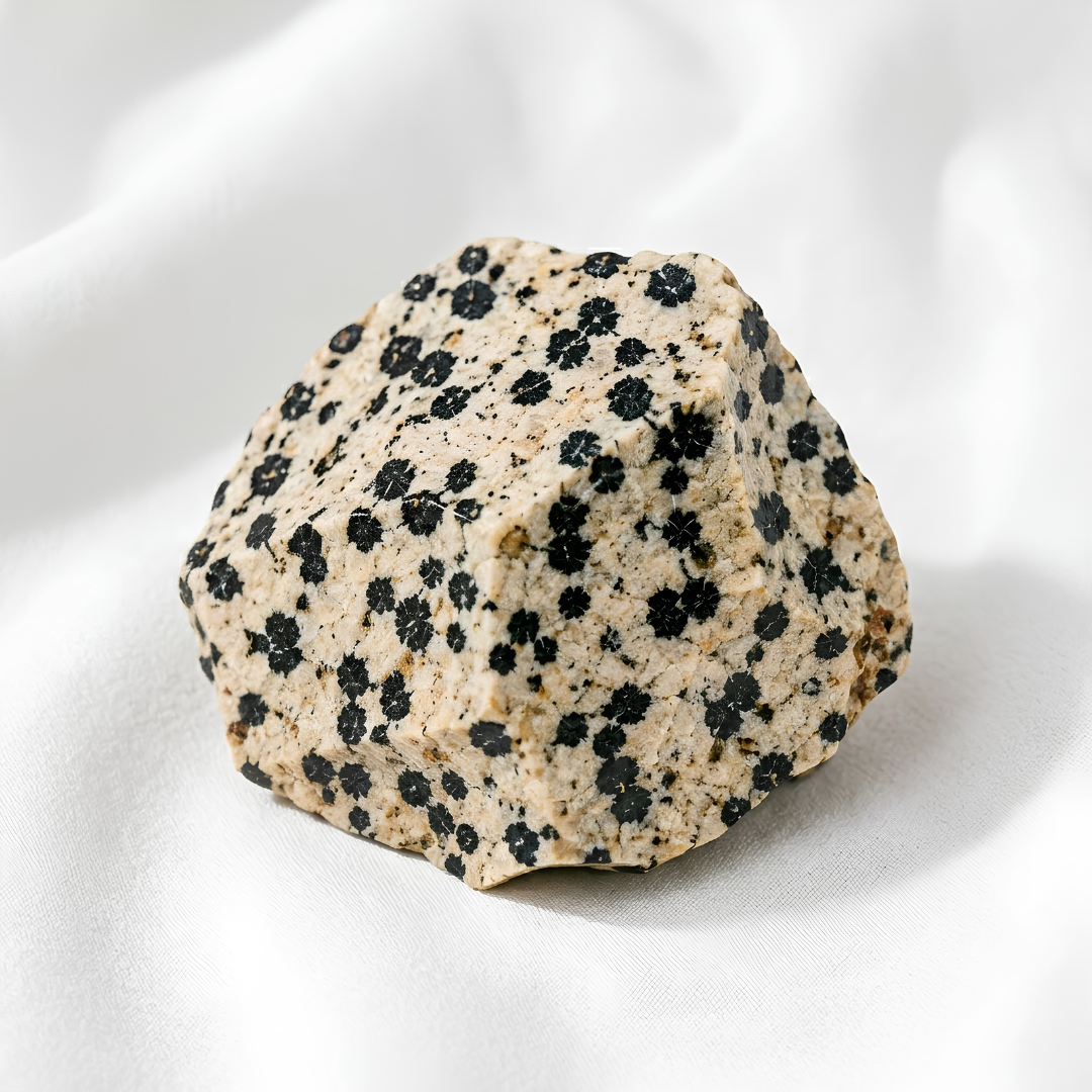 Dalmatian Jasper Raw Stone displayed fully on white silk cloth to show its natural colour, shape and finish