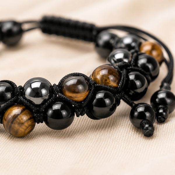 Close-up of authentic natural Black Obsidian, Tiger Eye and Hematite showing crystal texture, colour and craftsmanship