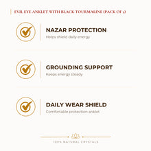Load image into Gallery viewer, Evil Eye with Black Tourmaline Anklet with Free Selenite Charging Plate benefits for nazar protection and negative-energy shielding, explained in an Evashu
