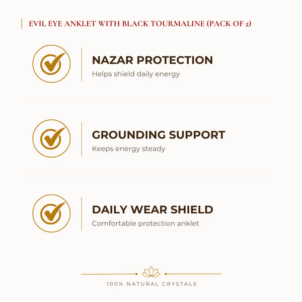 Evil Eye with Black Tourmaline Anklet with Free Selenite Charging Plate benefits for nazar protection and negative-energy shielding, explained in an Evashu