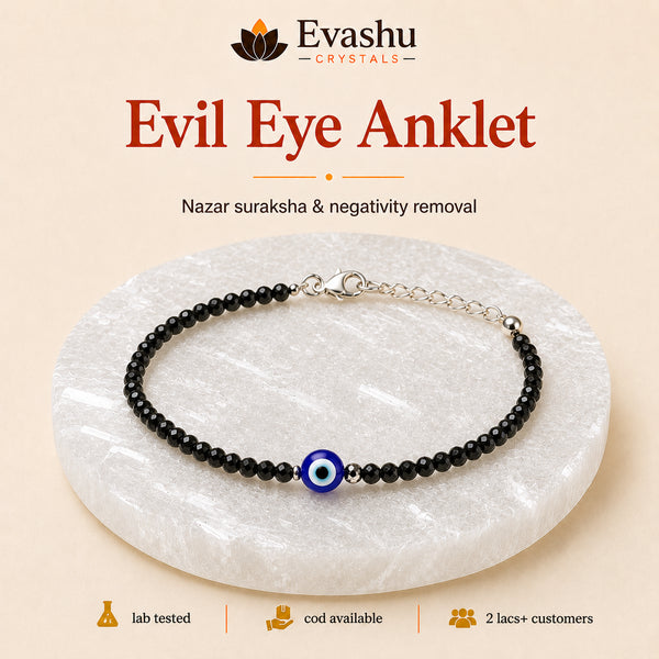 Authentic natural Evil Eye with Black Tourmaline Anklet with Free Selenite Charging Plate for nazar protection and negative-energy shielding, shown as the main