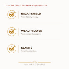 Load image into Gallery viewer, Evil Eye Protection Bracelet Combo benefits for nazar protection and negative-energy shielding, explained in an Evashu natural-crystal guide
