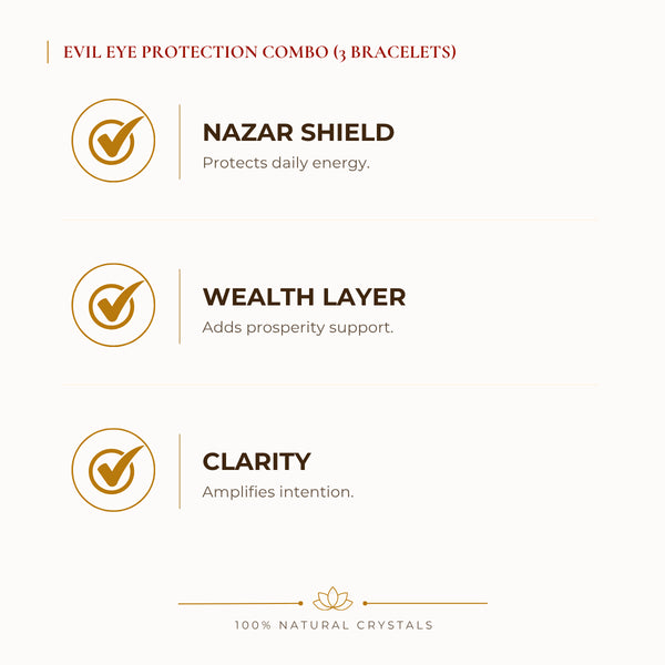 Evil Eye Protection Bracelet Combo benefits for nazar protection and negative-energy shielding, explained in an Evashu natural-crystal guide