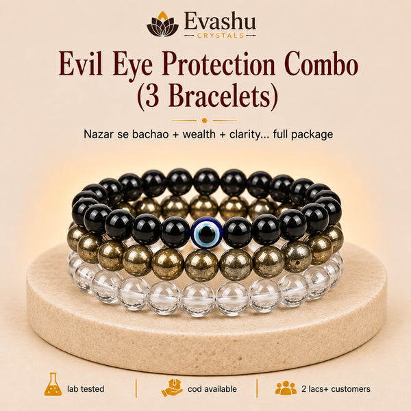 Authentic natural Evil Eye Protection Bracelet Combo for Nazar Shield and Wealth Layer, shown as the main Evashu product view