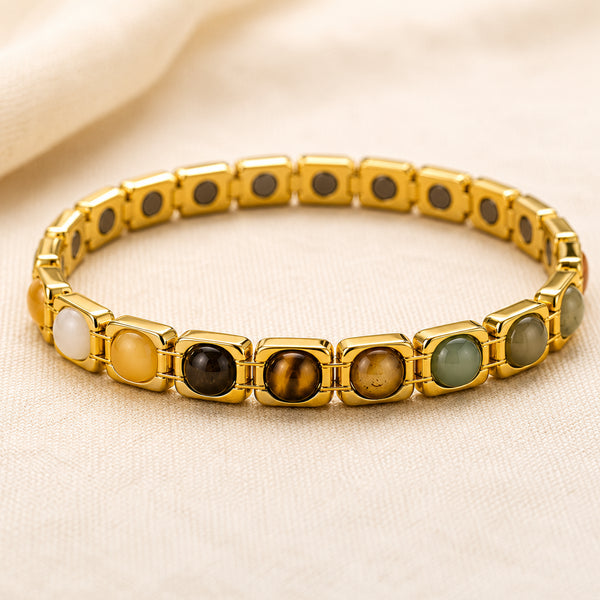 Close-up of authentic natural Green Aventurine, Tiger Eye and Citrine showing crystal texture, colour and craftsmanship