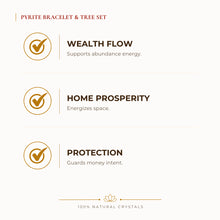 Load image into Gallery viewer, Golden Pyrite Bracelet &amp; Tree Set benefits for wealth attraction and prosperity intention, explained in an Evashu natural-crystal guide
