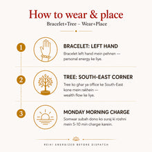 Load image into Gallery viewer, Golden Pyrite Bracelet &amp; Tree Set with guidance on how to wear it on the wrist for daily intention setting by Evashu Crystals
