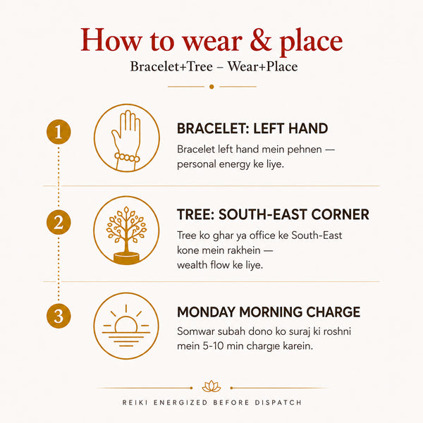 Golden Pyrite Bracelet & Tree Set with guidance on how to wear it on the wrist for daily intention setting by Evashu Crystals