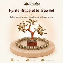 Load image into Gallery viewer, Authentic natural Golden Pyrite Bracelet &amp; Tree Set for Wealth Flow and Home Prosperity, shown as the main Evashu product view

