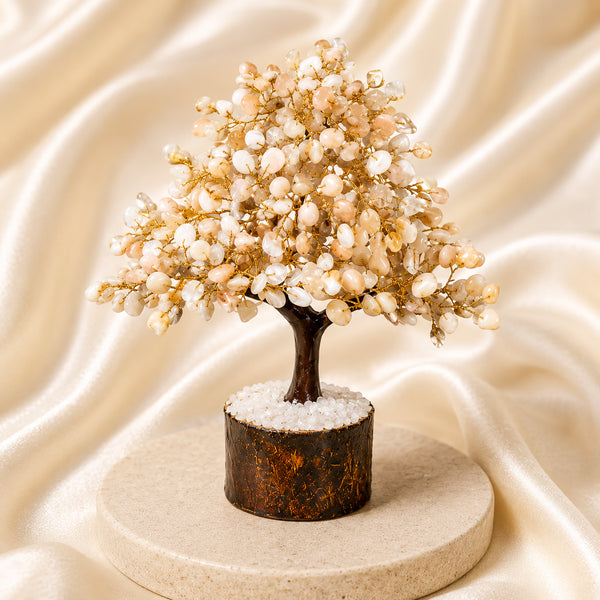 Gomati Chakra Crystal Tree displayed fully on white silk cloth to show its natural colour, shape and finish