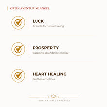 Load image into Gallery viewer, Green Aventurine Angel Figurine benefits for wealth attraction and prosperity intention, explained in an Evashu natural-crystal guide
