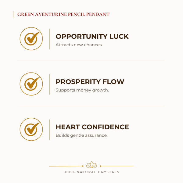 Green Aventurine Pencil Pendant benefits for wealth attraction and prosperity intention, explained in an Evashu natural-crystal guide