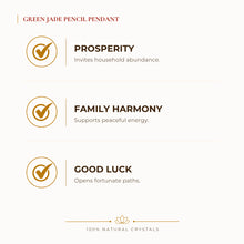 Load image into Gallery viewer, Green Jade Pencil Pendant benefits for calm mind and stress relief, explained in an Evashu natural-crystal guide
