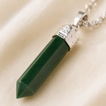 Load image into Gallery viewer, Close-up of authentic natural Green Jade showing crystal texture, colour and craftsmanship – green jade pencil pendant chain for healing luck and prosperity
