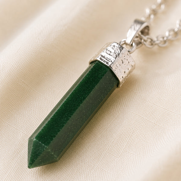 Close-up of authentic natural Green Jade showing crystal texture, colour and craftsmanship – green jade pencil pendant chain for healing luck and prosperity