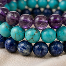 Load image into Gallery viewer, Close-up of authentic natural Amethyst, Sodalite and Firoza showing crystal texture, colour and craftsmanship
