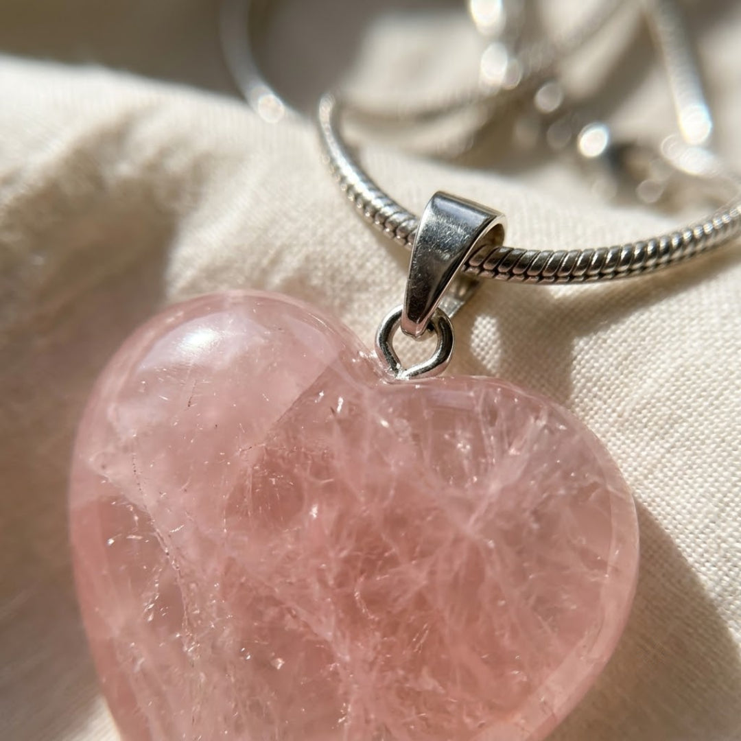 heart shape rose quartz crystal pendant necklace