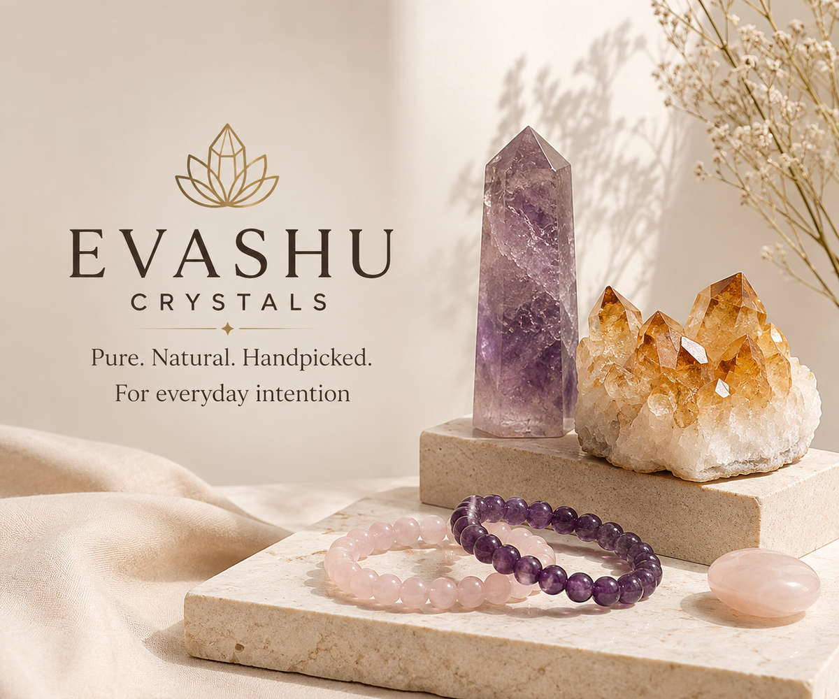 Evashu Crystals minimal homepage banner with natural handpicked crystals and bracelets