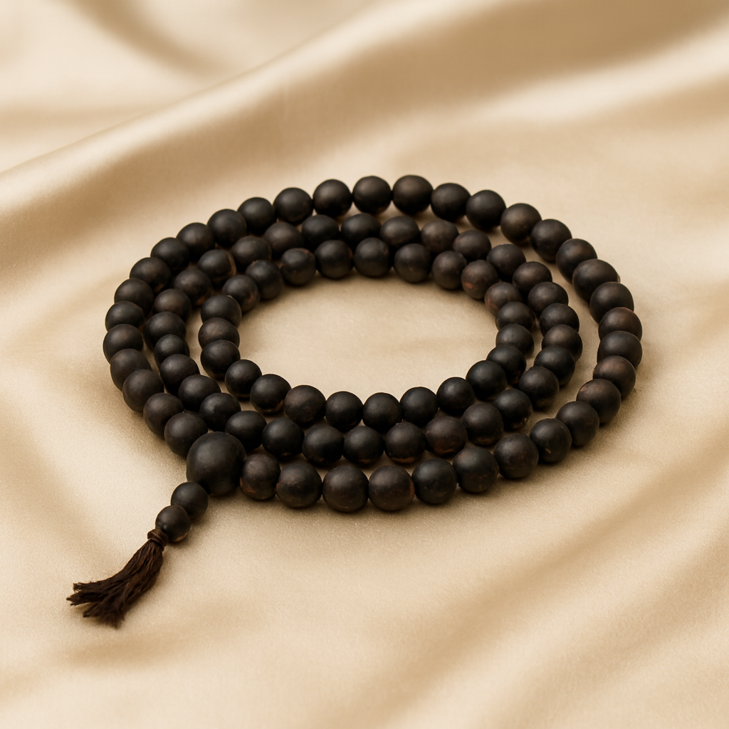 Karungali Mala displayed fully on white silk cloth to show its natural colour, shape and finish
