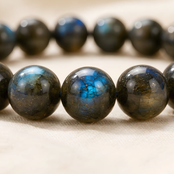 Close-up of authentic natural Labradorite showing crystal texture, colour and craftsmanship