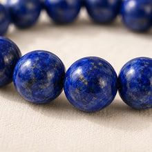 Load image into Gallery viewer, Close-up of authentic natural Lapis Lazuli showing crystal texture, colour and craftsmanship – lapis lazuli bracelet intuition wisdom healing confidence evashu
