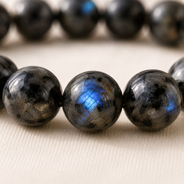 Close-up of authentic natural Larvikite showing crystal texture, colour and craftsmanship