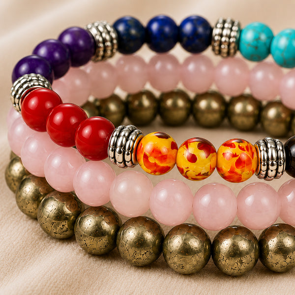 Close-up of authentic natural Rose Quartz, 7 Chakra and Pyrite showing crystal texture, colour and craftsmanship
