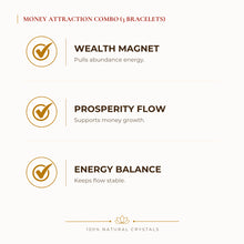 Load image into Gallery viewer, Money Attraction Bracelet Combo benefits for wealth attraction and prosperity intention, explained in an Evashu natural-crystal guide
