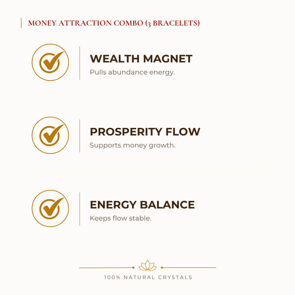Money Attraction Bracelet Combo benefits for wealth attraction and prosperity intention, explained in an Evashu natural-crystal guide