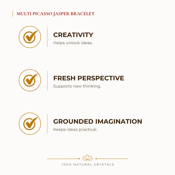 Multi Picasso Jasper Bracelet benefits for confidence and inner strength, explained in an Evashu natural-crystal guide