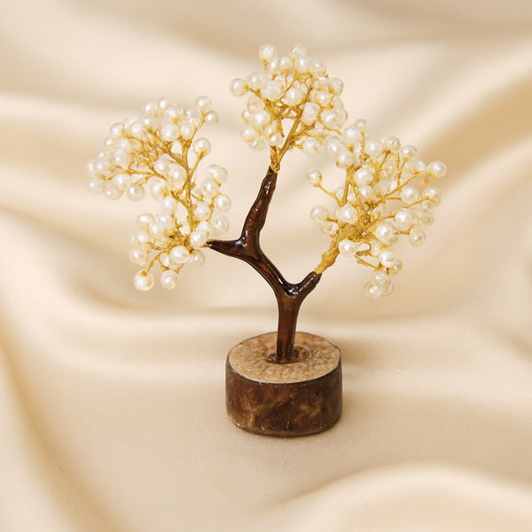 Pearl Crystal Tree displayed fully on white silk cloth to show its natural colour, shape and finish