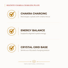 Load image into Gallery viewer, Selenite Chakra Charging Plate benefits for focus and mental clarity, explained in an Evashu natural-crystal guide
