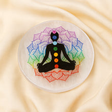 Load image into Gallery viewer, Selenite Chakra Charging Plate displayed fully on white silk cloth to show its natural colour, shape and finish
