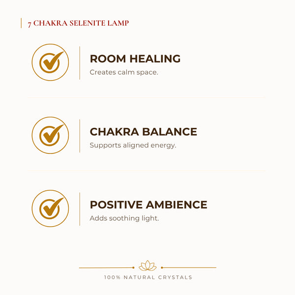 Selenite with 7 Chakra Lamp benefits for grounding and balanced energy, explained in an Evashu natural-crystal guide