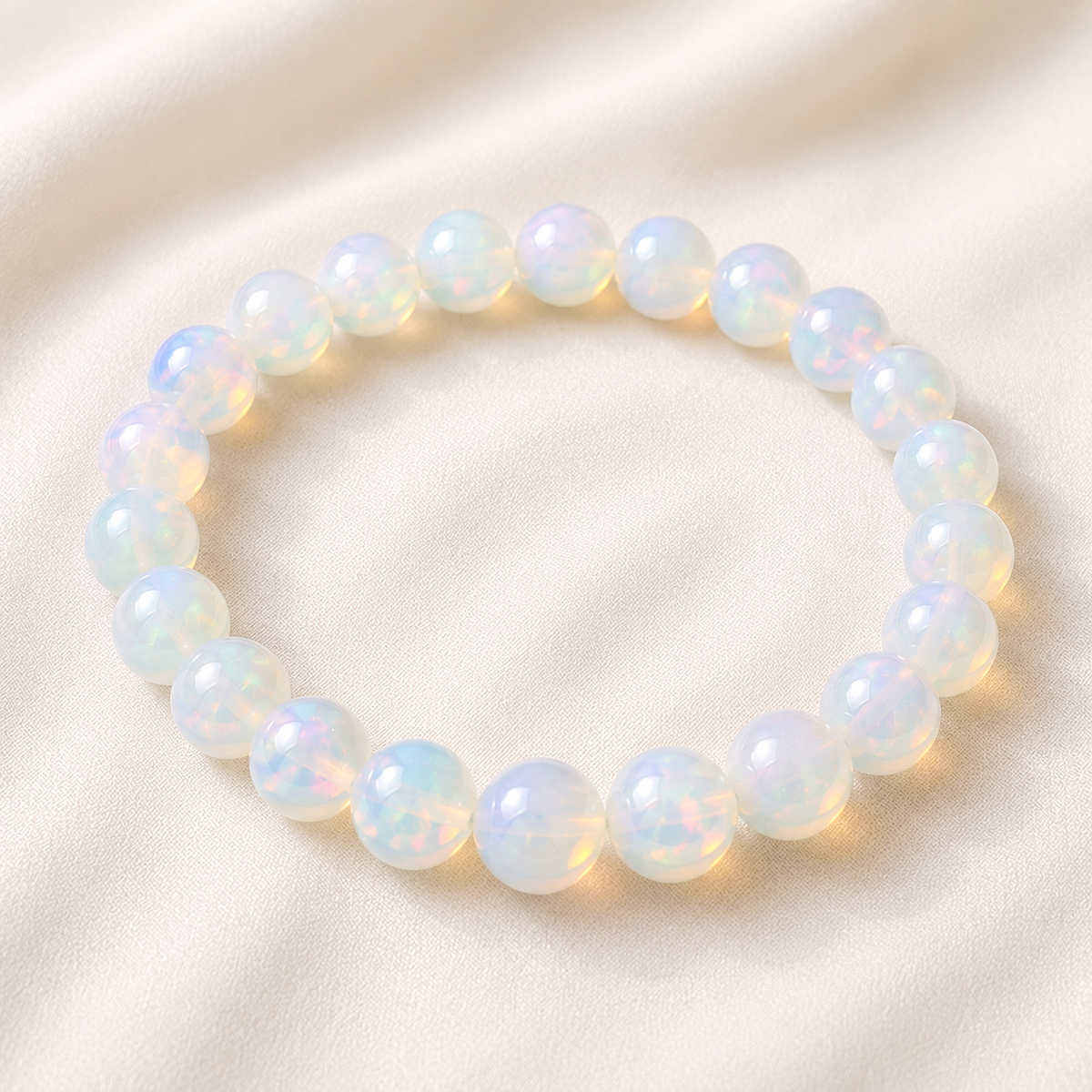 Opal Bracelet displayed fully on white silk cloth to show its natural colour, shape and finish