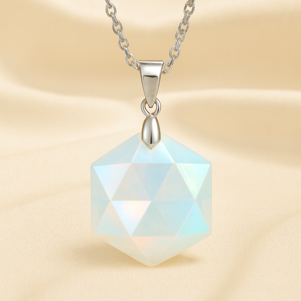 Opal Hexagon Pendant displayed fully on white silk cloth to show its natural colour, shape and finish