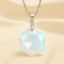 Load image into Gallery viewer, Opal Hexagon Pendant displayed fully on white silk cloth to show its natural colour, shape and finish
