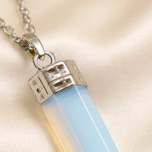 Load image into Gallery viewer, Close-up of authentic natural Opalite showing crystal texture, colour and craftsmanship – opalite pencil pendant chain healing crystal for clarity healing and
