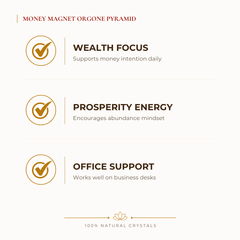Money Magnet Orgone Pyramid benefits for wealth attraction and prosperity intention, explained in an Evashu natural-crystal guide