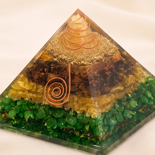 Close-up of authentic natural Money Magnet Orgone Pyramid showing crystal texture, colour and craftsmanship