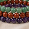 Close-up of authentic natural Green Aventurine, Red Jasper and Amethyst showing crystal texture, colour and craftsmanship