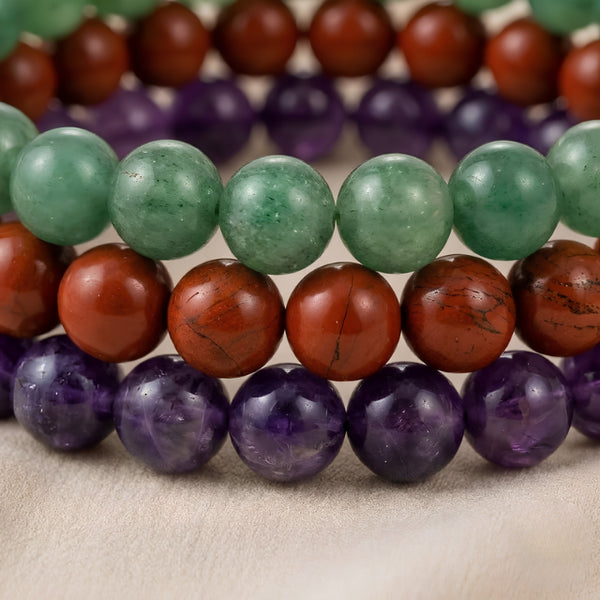 Close-up of authentic natural Green Aventurine, Red Jasper and Amethyst showing crystal texture, colour and craftsmanship