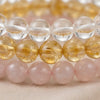 Close-up of authentic natural Clear Quartz, Rose Quartz and Citrine showing crystal texture, colour and craftsmanship